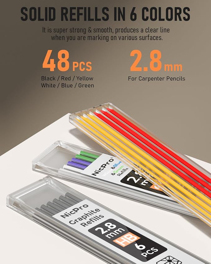 Nicpro 6 Pack Carpenter Pencil with Sharpener, Mechanical Carpenter Pencils | 48 Refills, Deep Hole Marker Construction Pencil, Heavy Duty Woodworking -With Case (Black,Red,Yellow,Blue,Green,White)