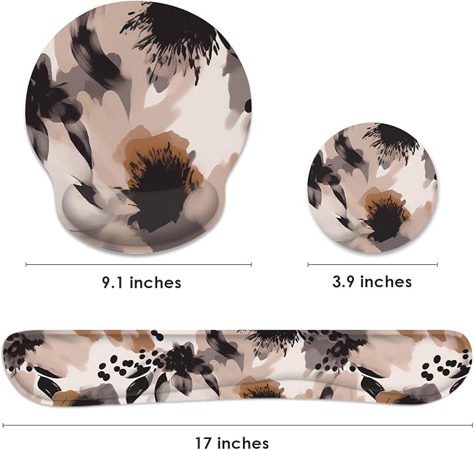 Ergonomic Mouse Pad Set with Wrist Rest, Boho Tribal | Flower Brown Non-Slip Rubber Base Wrist Cushion Support and Coasters Mousepad with Wrist Support for Computer Keyboard