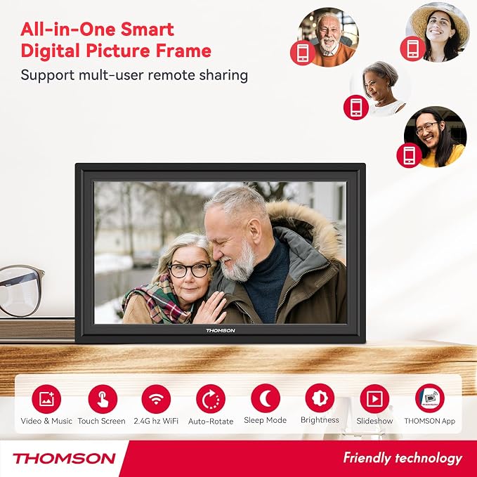 THOMSON 15.6Inch FHD Digital Picture Frame, 1920x1080 IPS Digital Photo Frame with 32GB Large Storage, Quad-Core CPU, Auto-Rotate, Slideshow, Easy Photo Transfer via WiFi APP/Email/USB/SD Card