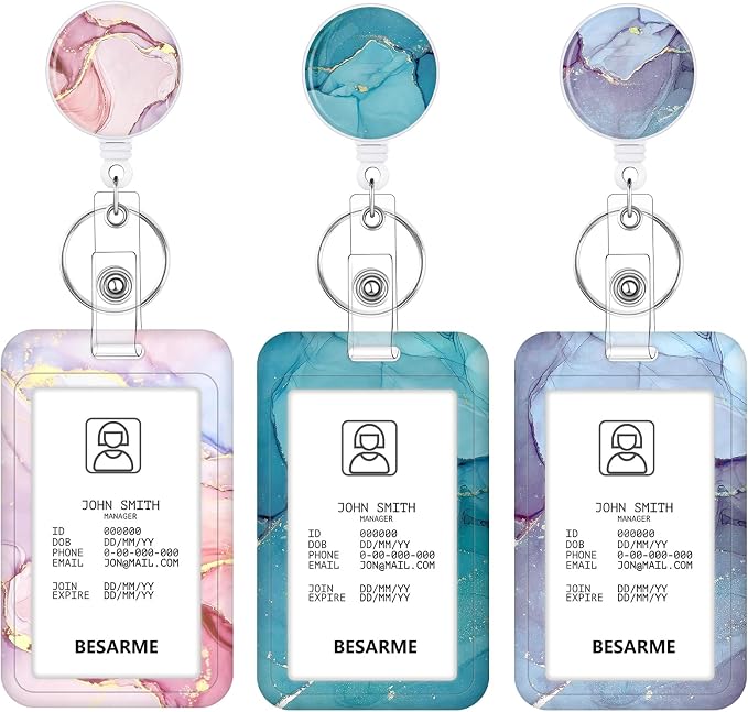 3 Set Heavy Duty Badge Holder with Retractable Reel, Marble Retractable ID Badge Holders with Clip Name Key Card Holder Case for Teacher Nurse Gift for Coworkers