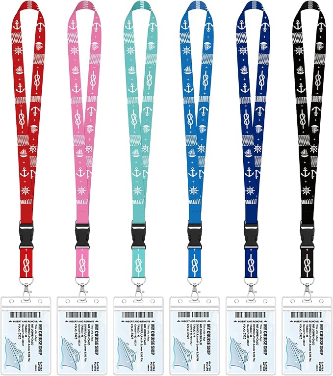 6 Pack Cruise Lanyards with Waterproof Card Holders, Mixed Colors | Detachable buckle, soft polyester neck strap, resealable waterproof badge holder, ideal for family or group cruises