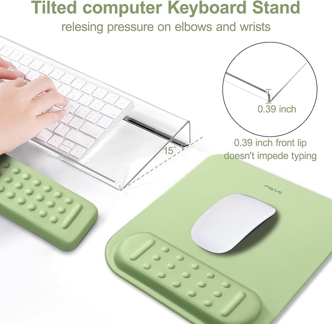 MOSISO Keyboard Stand&Wrist Rest Support for Keyboard &Mouse Pad Set | Ergonomic Massage Wrist Rest Set, Easy Typing Working Acrylic Clear Stand for Office Home, Sage Green