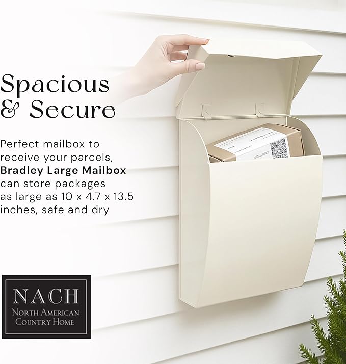 NACH Mailboxes for Outside Wall Mount, 4.8 x 10 x 13 inch White Wall Mounted Mailboxes for Outside, Waterpoof Mailbox for House - The Bradley Large Mail Box