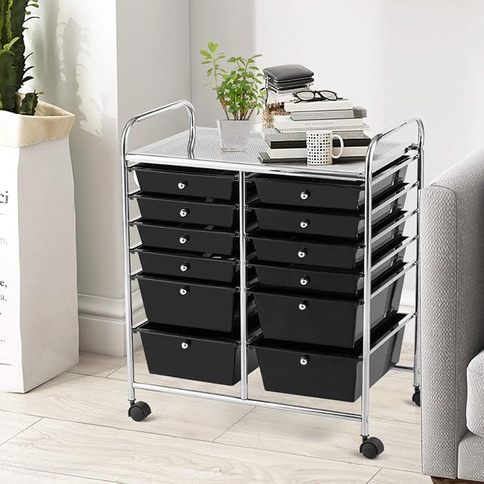 12 Drawer Rolling Storage Cart, Craft Cart Organizer on Wheels w/Metal Frame, Large Capacity & Smooth Drawer, Rolling Cart w/Drawers for Classroom, Office