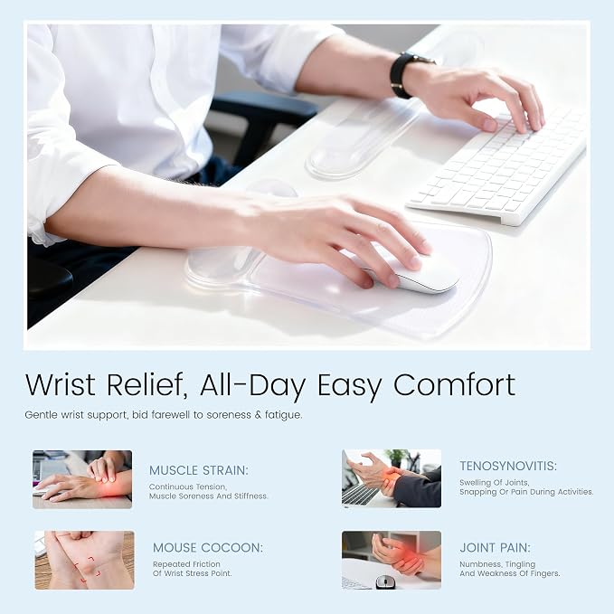 Ospelelf Clear Gel Mouse Pad with Wrist Rest, Ergonomic Cushioned Support for Typing, Relief Carpal Tunnel, Wrist Pain, Easy to Clean & Cooling, Comfort for Office, Computer, Programmer, Gamer