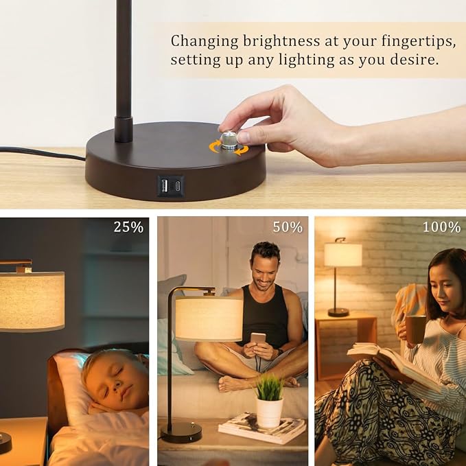 Tall Table Lamps Set of 2, Fully Dimmable Bedside Lamp with USB C+A Ports | 25" Modern Nightstand Lamps with Linen Fabric Shades, Reading Desk Lamp for Bedroom Living Room Office, LED Bulb Included