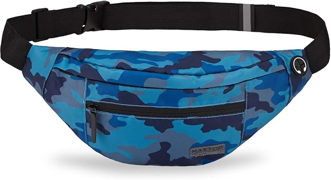 MAXTOP Camo Blue Fanny Pack for Men Cross Body Bag Carrying All Phones | 4-Zipper Pockets,Polyester,Adjustable Straps,Headphone Jack,Ideal Gift for Outdoor Hiking Running