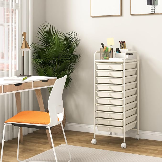 COSTWAY 10-Drawer Rolling Storage Cart, Utility Mobile Trolley | Removable Drawers & Universal Casters & 2 Brakes, Versatile Flexible Drawer Organizer Cart for Home, Office (White)