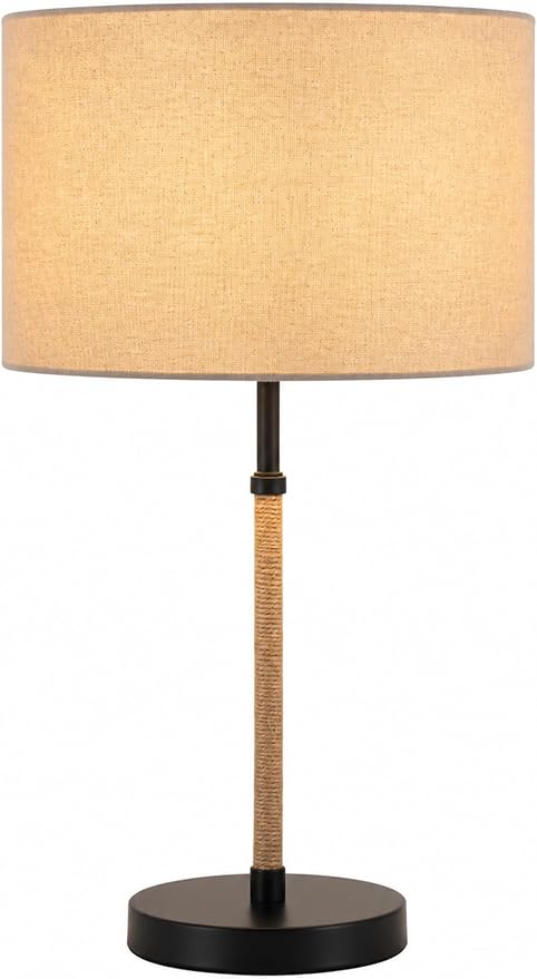 BySea Nordic Linen Desk Lamp, 21.1" Tall Metal Table Lamp for Living Room, Minimalist Bedside Nightstand Lamp with Fabric Drum Shade, Japandi Decor, Warm Yellow Light, 6.6ft Cord