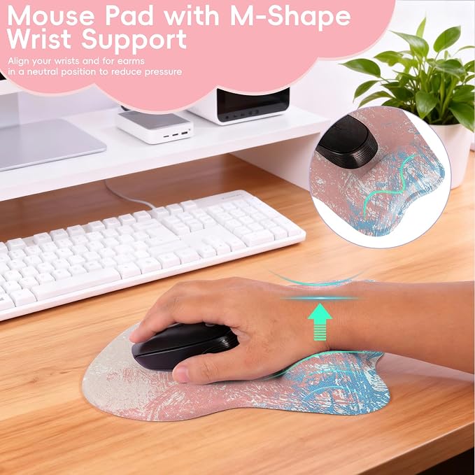 Mouse Pad with Wrist Rest Ergonomic Mouse Pad with Comfortable M-Shape Pain Relief Wrist Support Non-Slip PU Base Mousepad for Laptop, Office & Home (Pretty Pink Painting)