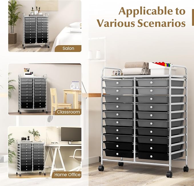 RELAX4LIFE 20 Drawer Rolling Storage Cart, Mobile Rolling Cart w/Drawers for School Classroom Teacher Office Home Salon, Paper File Art Supply Craft Organizer, Utility Cart on Wheels (Gradient Grey)