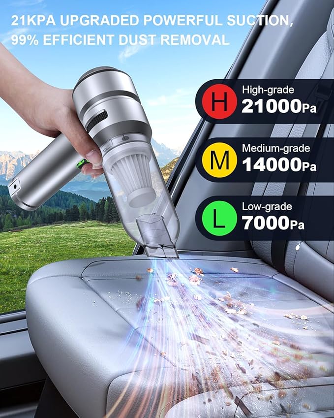 Car Vacuum,3 Suction Modes,Portable Mini Cordless Cleaner with 21000pa Suction Power,Type-C Charge,Handheld Vacuum for Home,Car, Office Desk, Keyboards(Fantasy Silver)
