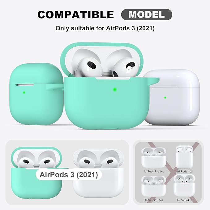 R-fun Compatible with AirPods 3 Case Cover, Silicone Protective Accessories Skin with Keychain Compatible with Apple AirPod 3rd Generation 2021 for Women Men Girls Boys,Front LED Visible,Mint Green