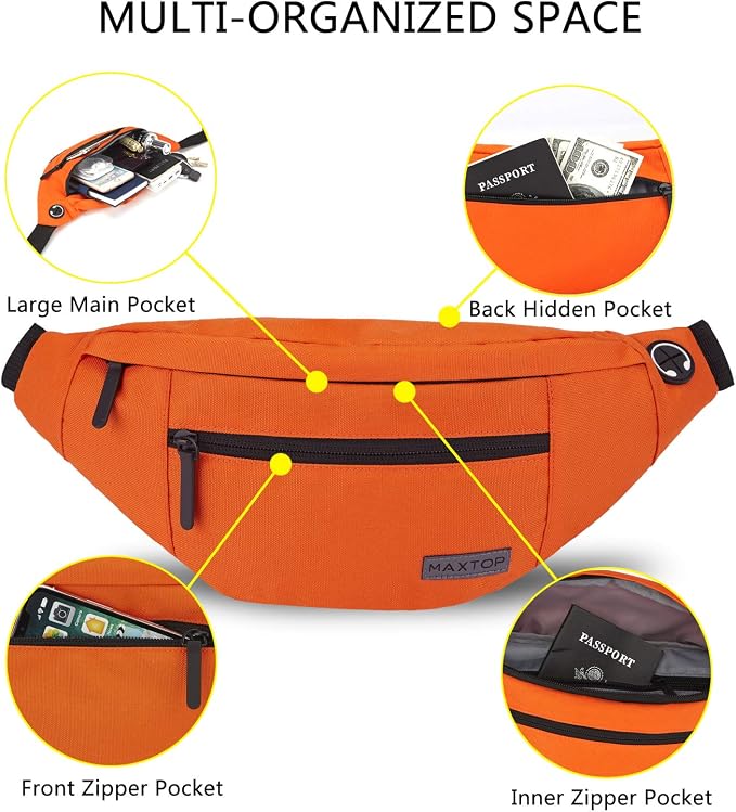 Crossbody Bag for Women Men Orange Shoulder Fanny Pack Hands-Free Wallets | Polyester,4-Zipper Pocket, Adjustable Waist Bag for Workout Traveling Casual Festival