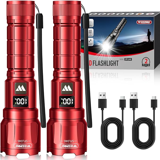 WdtPro LED Rechargeable Flashlight 2 Pack, 3 Modes Super Bright High Lumens Flashlights, Zoomable Tactical Flash Light with LCD Display, IP65 Waterproof Flashlights for Home Emergency Camping - Red
