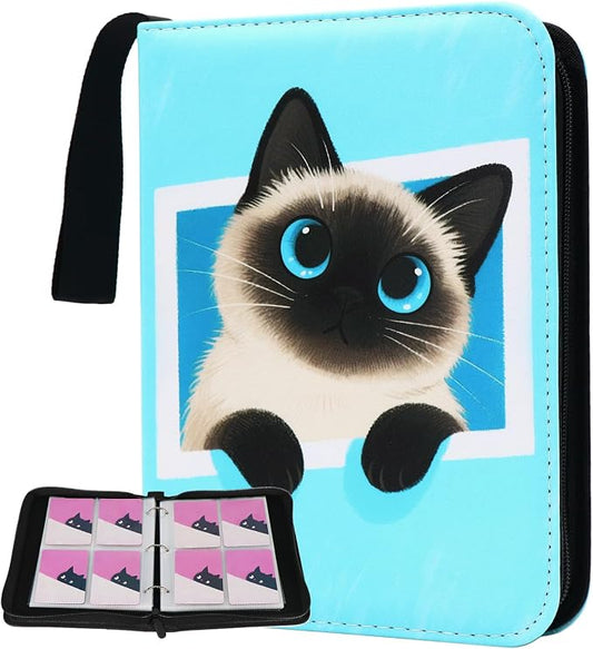 Cute Cat Card Binder, 400 Pocket Card Album for Girls Gifts, Black Cat kitten Trading Game Card Holder Album for Standard Size Cards, Collectible Game Collection Case (Blue)