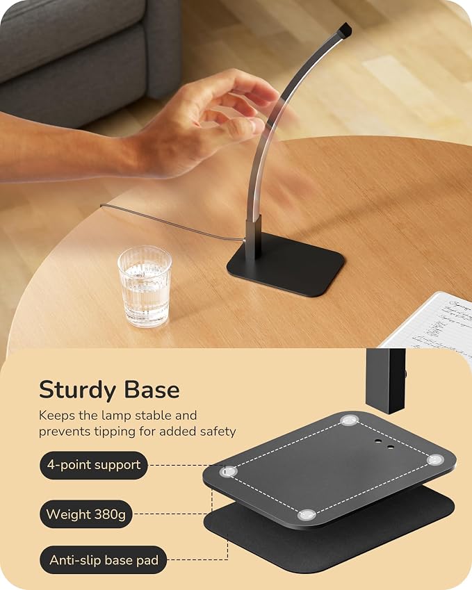 EDISHINE Curved LED Table Lamp, Modern Bedside Lamps for Bedroom, Black | 3 Color Temperature & Stepless Dimming, Aluminum & Iron, Silicone Lampshade, Ideal for Living Room, Office