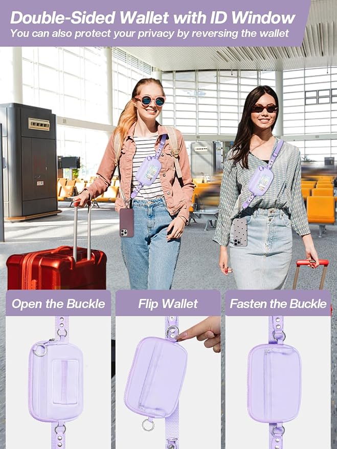 Tiostep Clip and Go Strap for Phone with Wallet Crossbody Phone Lanyard Adjustable and Detachable RFID Wristlet Wallet (Purple, Medium)