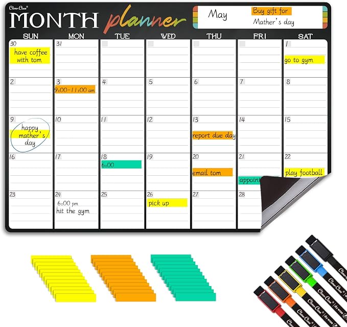 Magnetic Dry Erase Monthly Calendar - 17"x12" Monthly Calendar for Fridge - 36 Reusable Highlight Tabs - 6 Extra Fine Point Markers Included - Shipped Flat