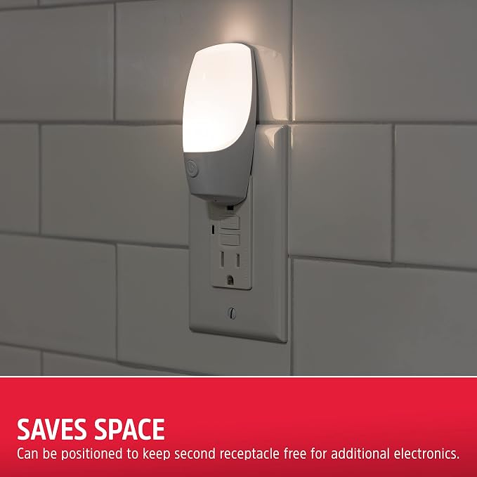 Energizer Manual On/Off LED Night Light Plug-in, Push Button, Compact, Contemporary, for Bedroom, Livingroom, Hallway, Bathroom, Nursery, Basement, White, 84135, 2 Pack