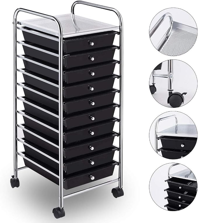 Giantex 10 Drawer Rolling Storage Cart Scrapbook Paper Office School Organizer (Black)