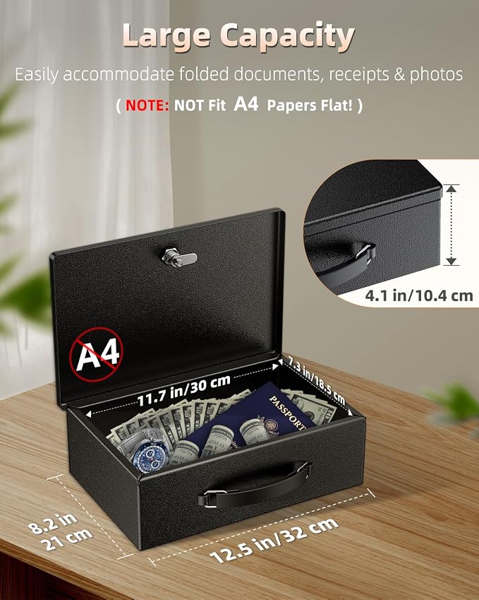 Uniclife Fireproof Document Box with Key Lock & Handle, 12.7" x 8.5" x 4.1" | Water-Resistant, Medium Metal Lock Box, Safe Box for Valuables, Passports & Cash (NOT Fit A4 Paper)