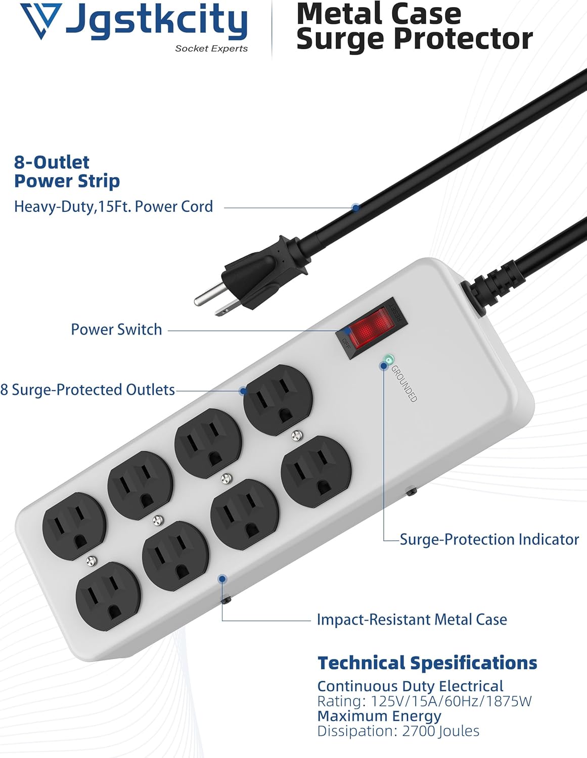 Heavy Duty Power Strip,Industrial Heavy Metal Case Surge Protector,8 AC Outlets,15Amp,2700 Joules,Protected' Indicator,14 Gauge Cord (Grey, 15FT Length)