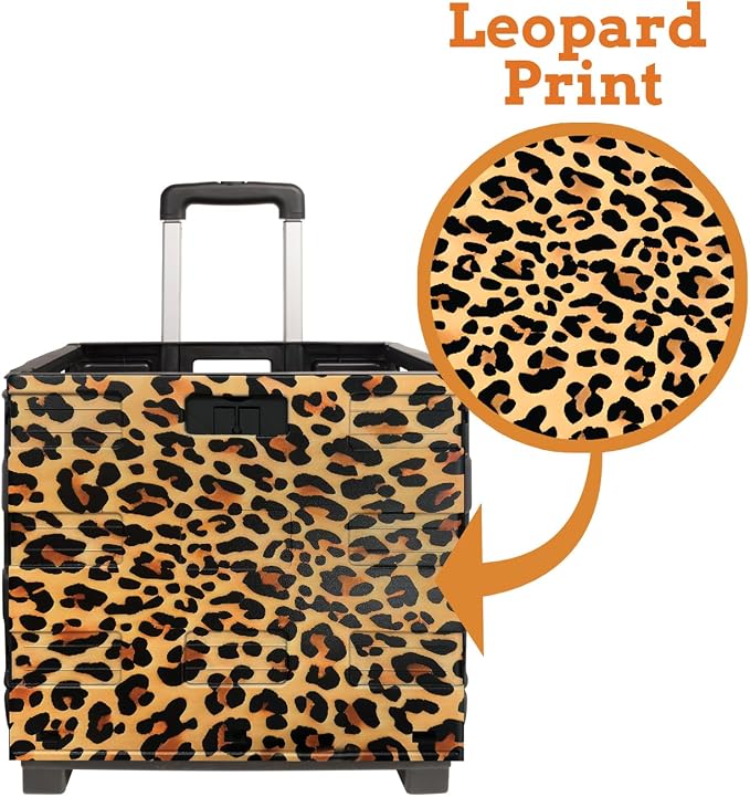 Ultra-Slim Rolling Collapsible Storage Pack-N-Roll Utility-carts, with Telescopic Handle, for Home, Garden, Shopping, Office, School use, Large, Leopard