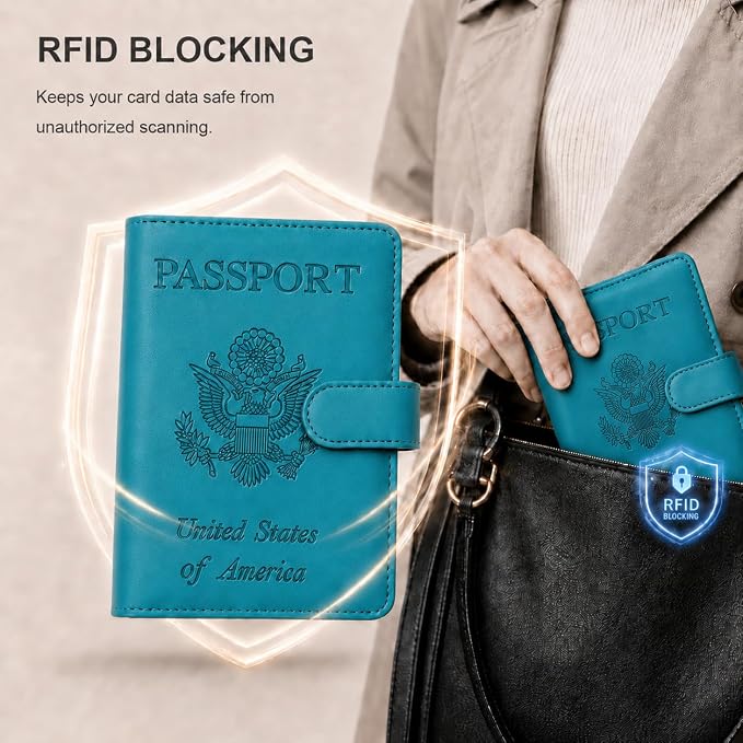 Passport Holder with Air-Tag Slot RFID Blocking Leather Travel Wallet | Multiple Card Compartments, SIM Card Access, Compact Carry Design, Flight Ready Essentials for Men & Women, Blue