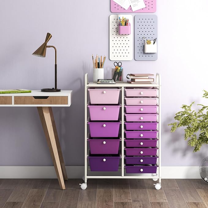 GLACER 15 Drawers Rolling Storage Cart, Steel Frame Craft Organizer Cart | Utility Cart w/Lockable Wheels & Handle, Mobile Art & Tool Supply Trolley for Teacher, Home, School, Office (Purple Gradient)