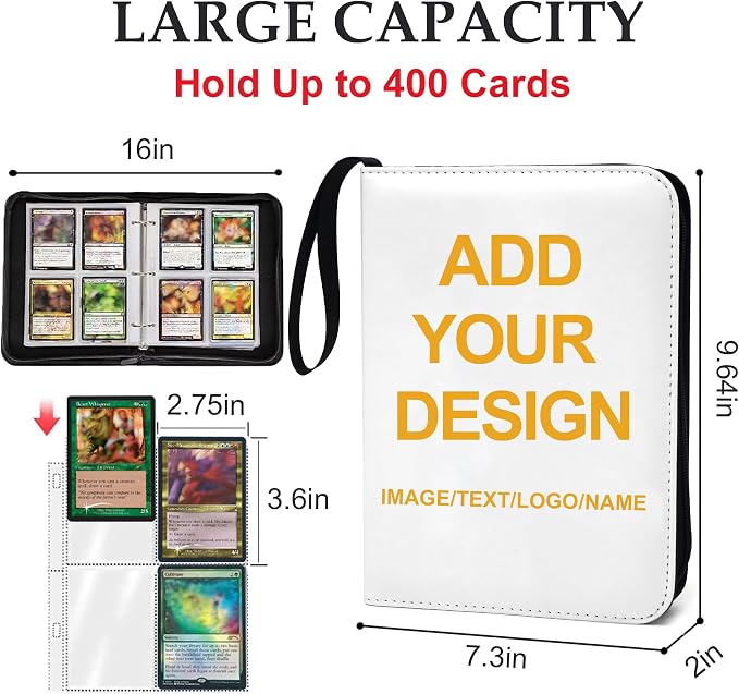 Custom Card Binder - Personalized Photo & Text Cover, 400 Pocket Waterproof PU Leather Trading Card Album, Portable 3-Ring Removable Card Collector Binder for K-pop Photocard, Anime, Sports Cards