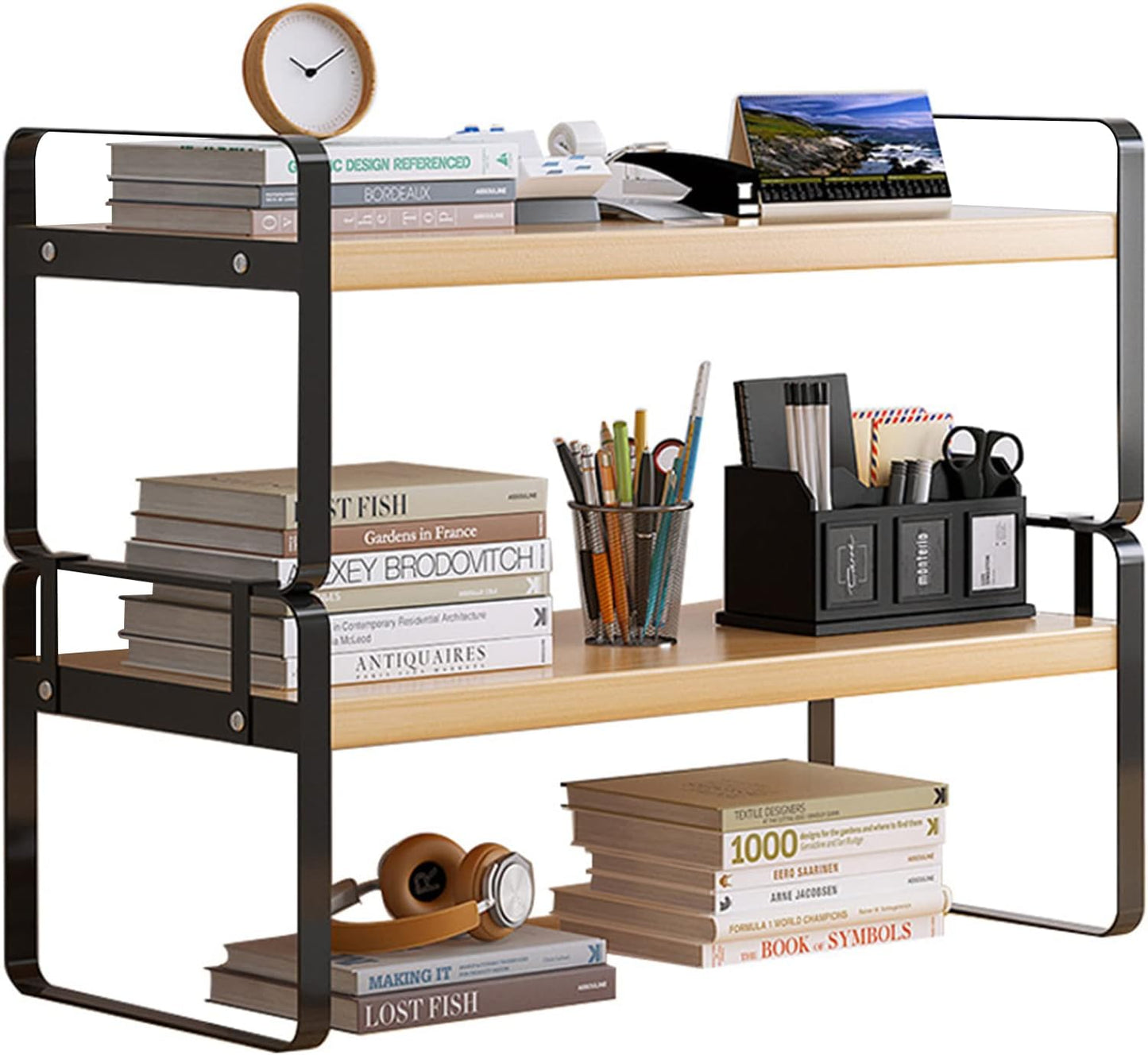 YGYQZ Wood Office Desk Shelf Organizer - Desktop Supplies Cute Dresser Top Organization Storage Rack and Cubicle Decor Aesthetic Bookshelf for Women Man and Kids (Black-Two Tier)