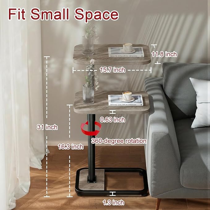 GOYLSER C Shaped End Table for Couch, Height Adjustable Living Room Rotating Couch Tray Tables Sofa Table Tv Trays for Bedroom, Swivel Wooden Side Table for Small Space, Grey