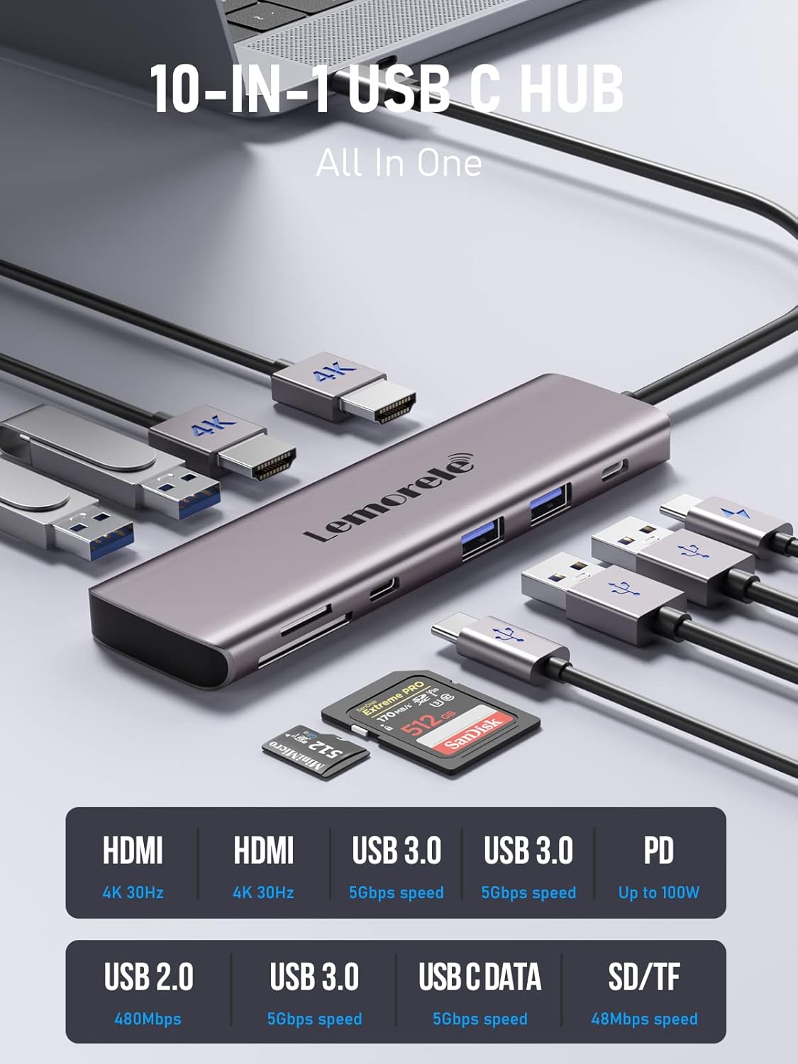 Lemorele Aluminum 10-in-1 USB C Docking Station Dual Monitor w/2 HDMI 4K, 4 USB3.0/USB2.0, 100W PD, USB-C Data, SD/TF, Type-C Hub Adapter for Dell XPS 13/15, for MacBook, Dell, HP, Lenovo Yoga,etc