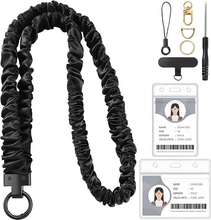 Prudiut Scrunchie Lanyards for ID Badges Retractable Teacher Lanyard Black Stretchy Scrunchie Lanyard with ID Holder (Black Metal Key Ring)