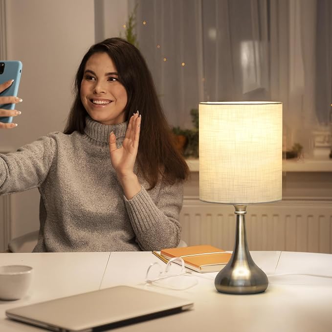 Touch Control Table Lamp, 3 Way Dimmable Simple Night Light Lamp with White Lampshade Silver Metal Base, Small Bedside Table Lamp for Bedroom, Office, Dorm, A19 9W 3000K Bulb Included