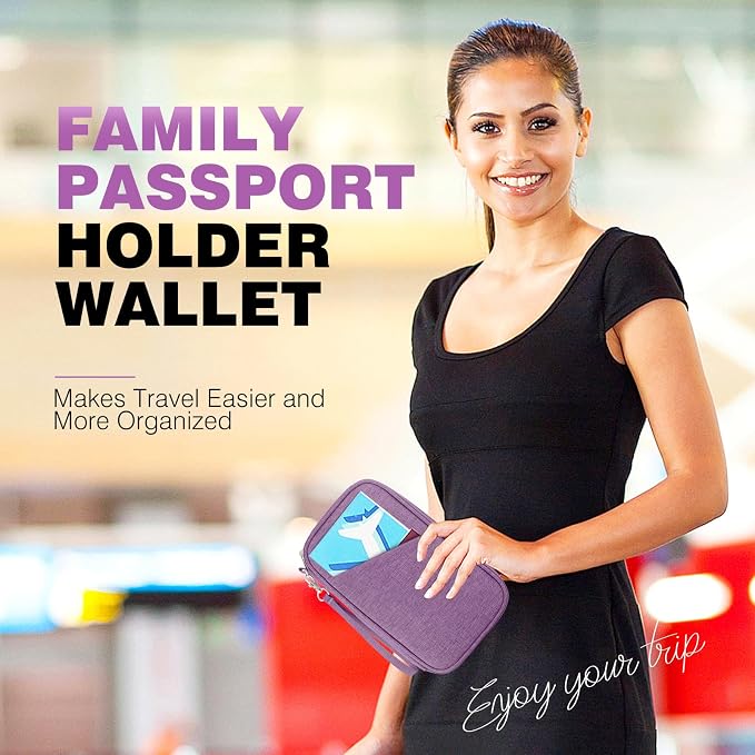 Passport Holder Family RFID Travel Document Organizer for Women Waterproof Passport Wallet Men Portable Case for Cards, Boarding Pass, ID, Money, Tickets with Zipper