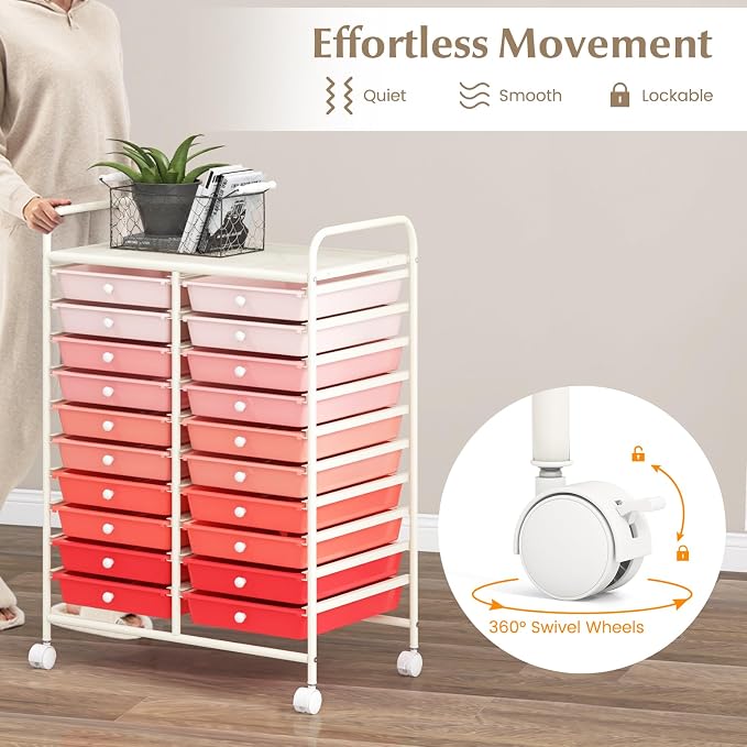 COSTWAY 20-Drawer Rolling Storage Cart, Utility Storage Organizer Cart | For Tools, Scrapbook, Paper, Craft, Multipurpose Storage Trolley on Wheels for Home Office School (Mixed Pink)
