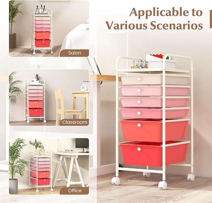 COSTWAY 6-Drawer Rolling Storage Cart, Art Craft Tools Organizer on Wheels | Multifunctional Heavy Duty Utility Mobile Storage Trolley w/ 2 Lockable Wheels for Home Office School (Mixed Pink)