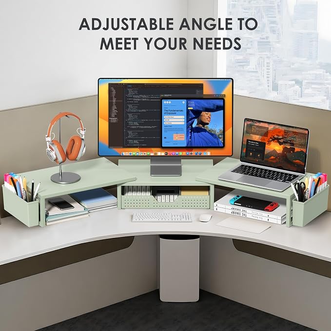 Desk Organizers and Accessories, Dual Monitor Stand Riser with Drawer and 2 Pen Holders, Desk Shelf Computer Monitor Stand for Office Workspace Organizers, Desktop Organization (Sage Green)