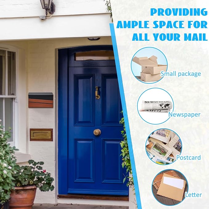 Yaocom Wall Mount Mailbox Large Capacity Mailbox for Outside Galvanized Steel Rustproof Metal Mail Drop Post Modern Collection Box Postbox 15.75" x 9.84" x 4.33", No Key Locking (Wood Color,No Flag)