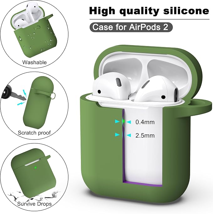 R-fun for AirPods 1/2 Case, Soft Silicone Protective Cover with Keychain and Cleaning Pen, Compatible with AirPods 2nd/1st Generation (2016/2019), Full Drop Protection Cover, Grass Green