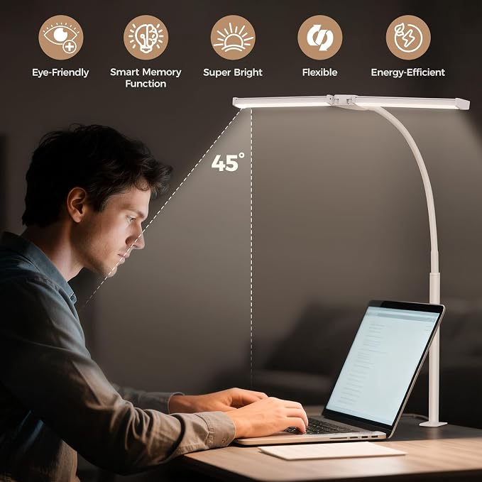 LED Desk Lamp for Home Office, Double Head Desk Light with Clamp | 3 Modes 10 Brightness, Long Flexible Goose-Neck, Eye-Caring, Memory Function, Energy Efficient, USB Adapter, Metal, White