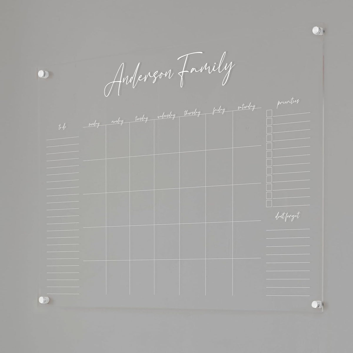 Personalized Clear Acrylic Calendar for Wall, Calendar Whiteboard for Wall, Dry Erase Wall Calendar, Wall Calendar Organizer System for Home (Cursive, White, 38"W x 26"H)