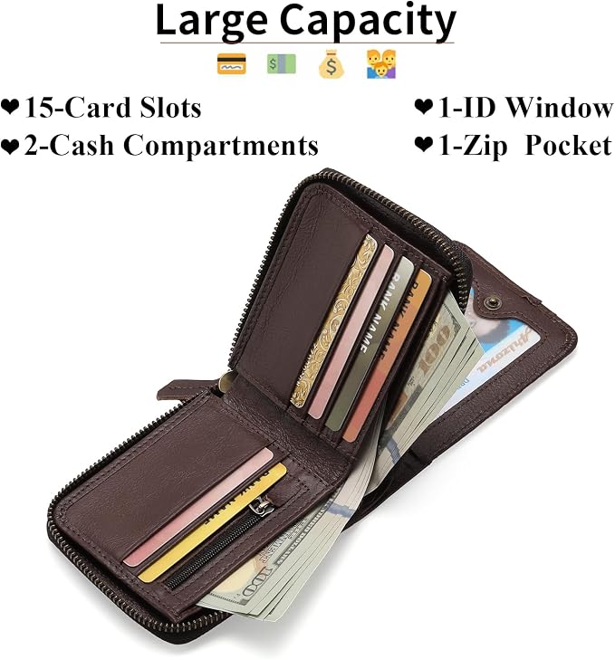 GOIACII Wallets for Men Genuine Leather Front Pocket Wallet RFID Zip Around Bifold Credit Card Holder | RFID