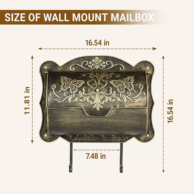 Wall Mount Mailbox with Newspaper Holder, Upgraded Embossed Vintage Mailbox Wall Mount, Butterfly & Floral Decorative Front Porch Antique Mailboxes, Mail Boxes for House Outside Garden