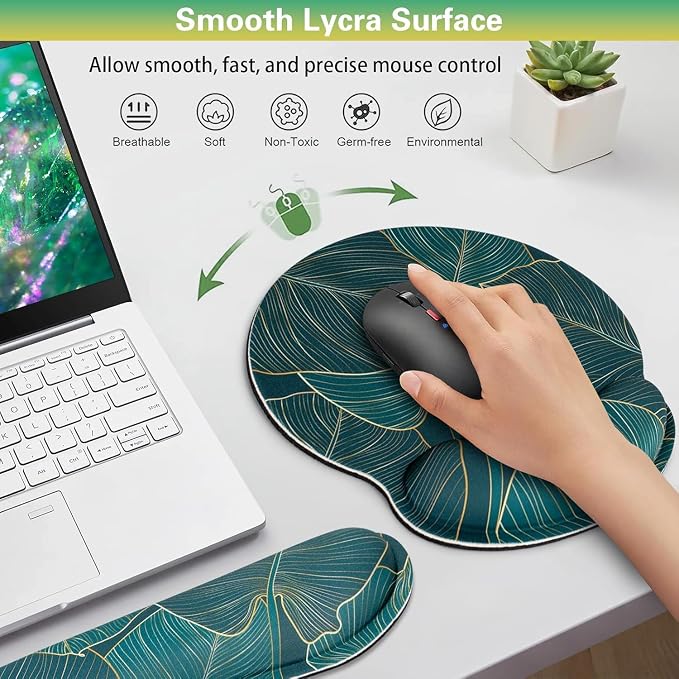 Mouse Pad with Wrist Rest Set, 3-in-1 Wrist Support Mousepad | Gaming Mat Pad with Anti-Skid Base,Ergonomic Mouse Pad Green,Memory Foam Gel Wrist Rest for Computer Keyboard