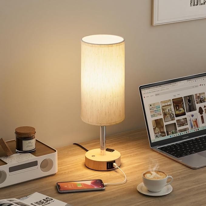 Touch Bedside Table Lamp for Bedroom, Stepless Dimmable, USB A+C, AC Outlet | Base Touch Button Only, Memory Brightness, Ultra-dim Night Light, Included Bulb for Optimal Dimming, Wood Grain Base, Nursery
