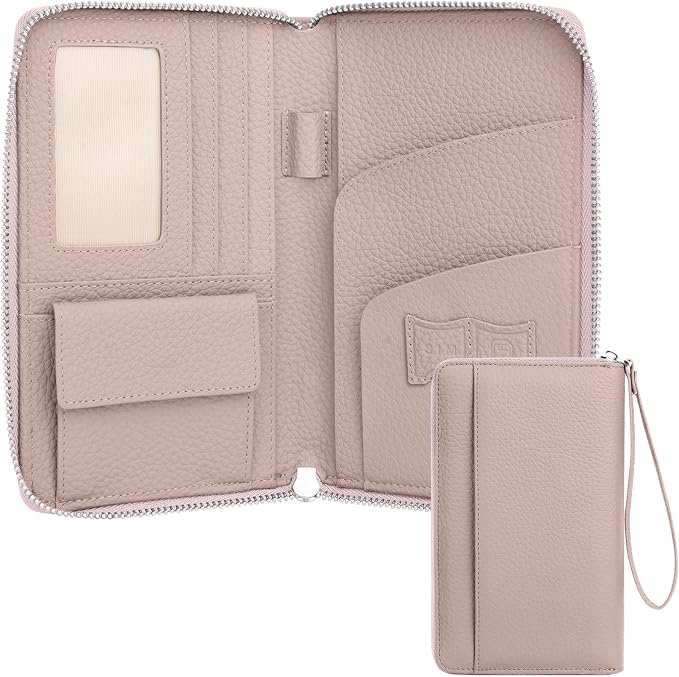 RFID Passport Holder for Travel Family with Coin Pocket, Pink | Leather Passport Cover for 2, Travel Document Organizer with Wrist Strap & 24 Card Slots, for Women Men