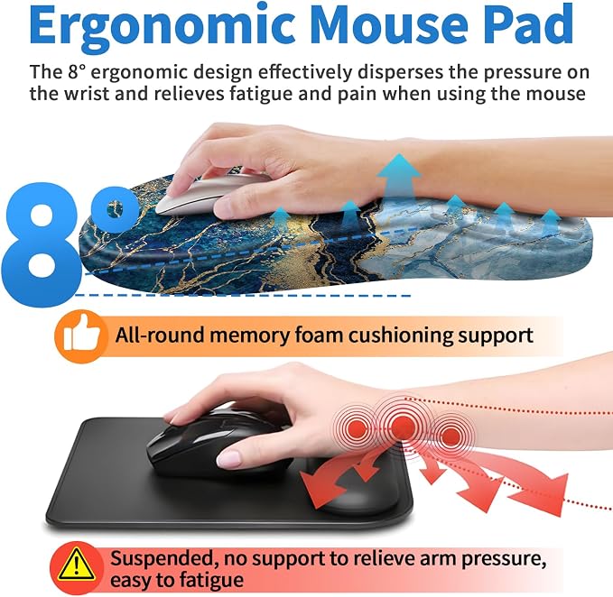 YIWEI Ergonomic Mouse Pad with Wrist Rest for Carpal Tunnel Pain Relief | Memory Foam Wrist Support,Non-Slip Rubber Base, Keyboard Computer Mousepad,Lycra Cloth Surface,Gaming Home Office